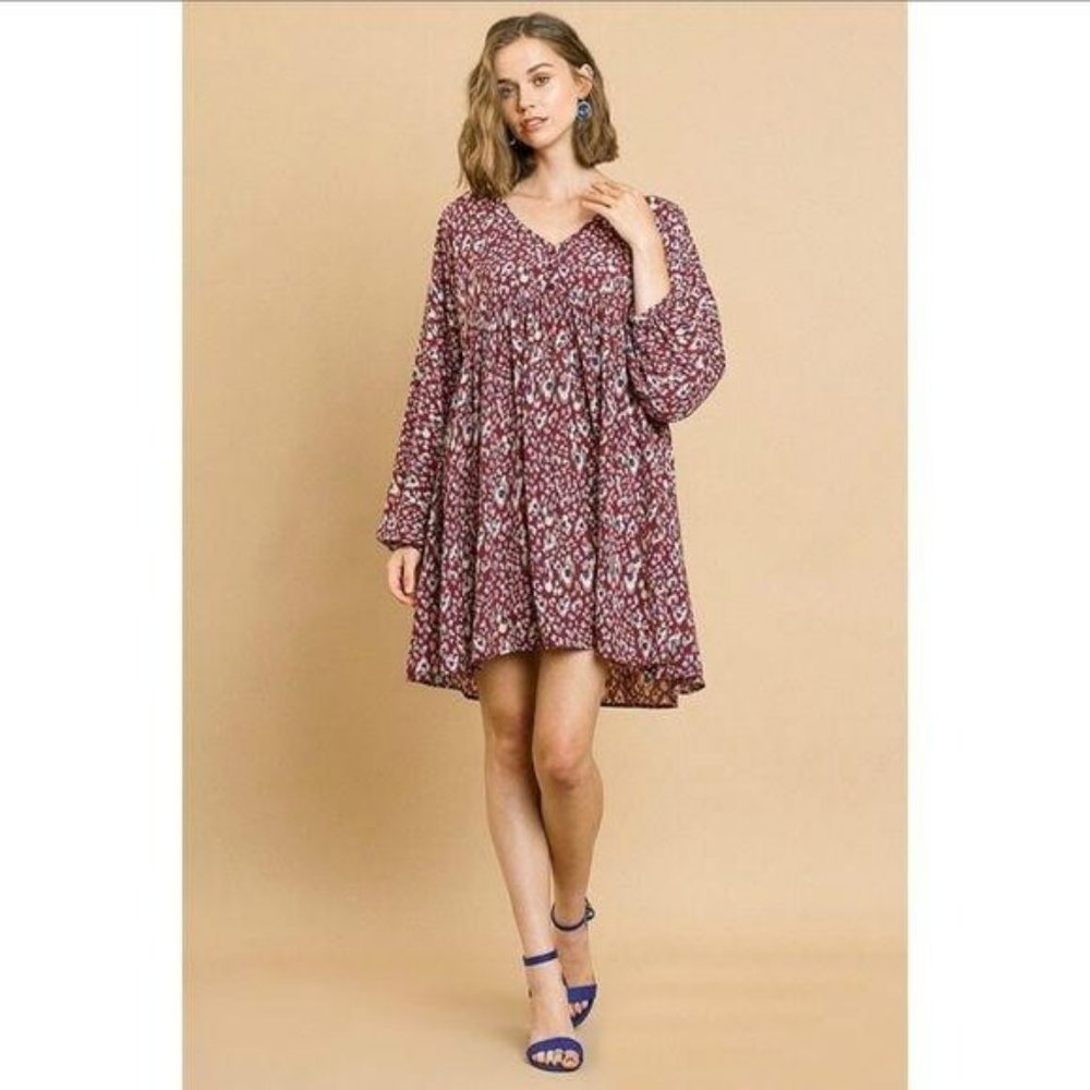 Umgee Animal Print Dress Long Puff Sleeve V-Neck B - Picture 2 of 4